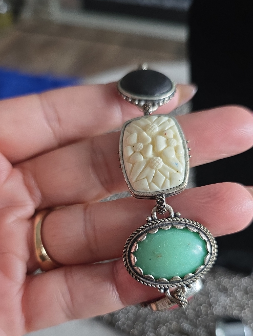 Lucky Brand Green Stone & Cream Carved Panel Bracelet